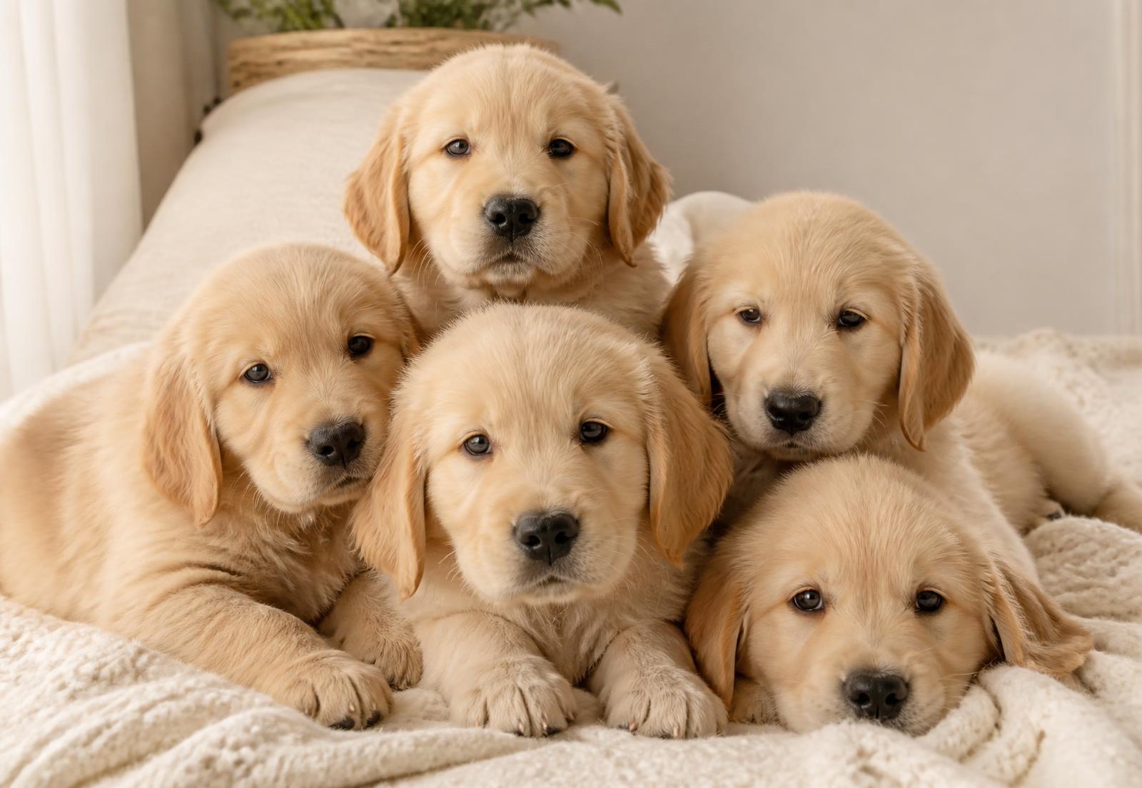 Wurf junger Golden-Retriever-Welpen auf einer hellen Decke